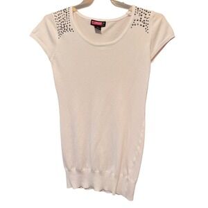 Say‎ What? Studded Top Knit Short Sleeve Sweater Y2K Casual White Size Medium